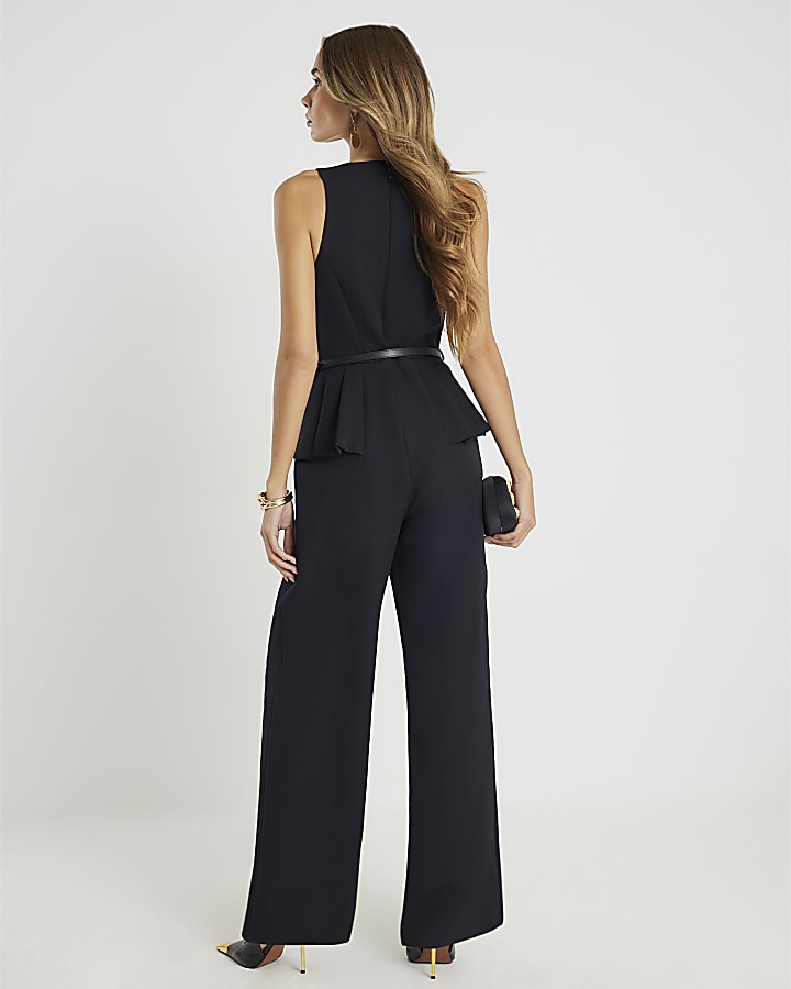 Black Belted Pleated Waist Jumpsuit
