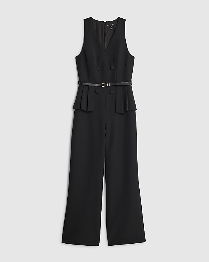 Black Belted Pleated Waist Jumpsuit