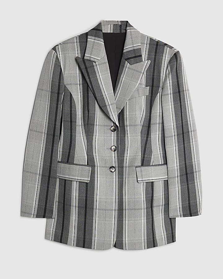 Grey Cinch Waist Check Blazer