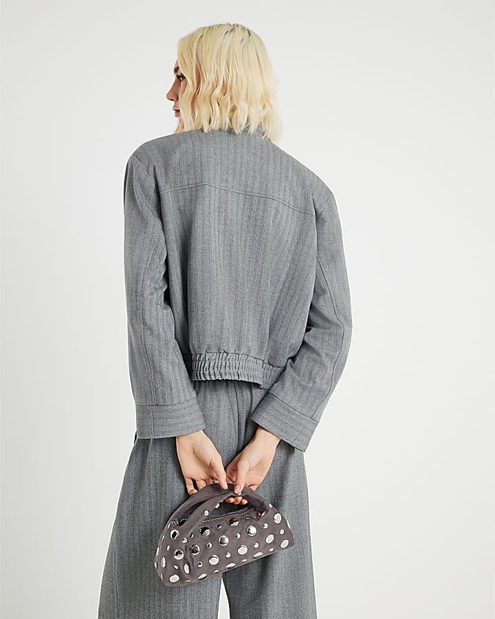 Grey Long Sleeve Herringbone Bomber Jacket