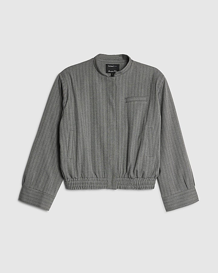 Grey Long Sleeve Herringbone Bomber Jacket