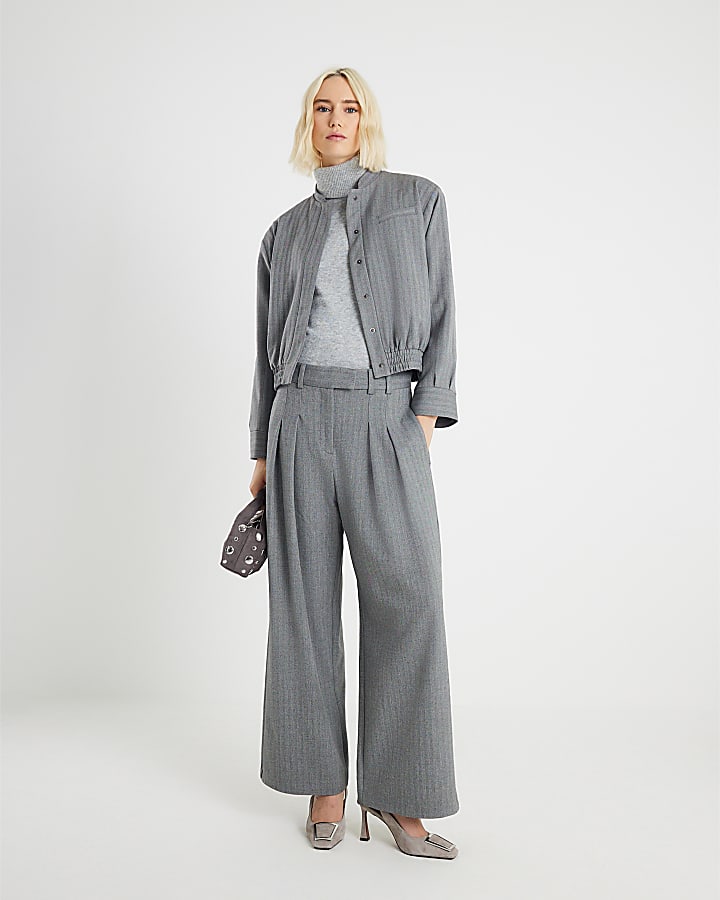 Grey Long Sleeve Herringbone Bomber Jacket