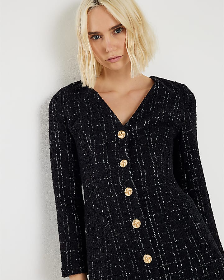 Black Boucle Long Sleeve Plunge Mini Dress