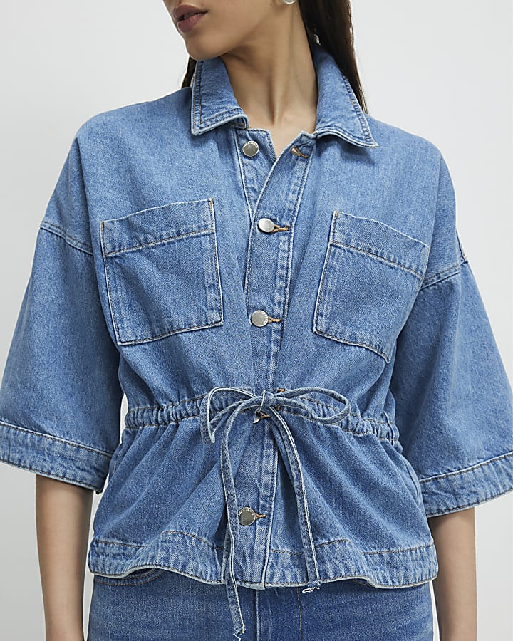 Blue Denim Tie Front Top