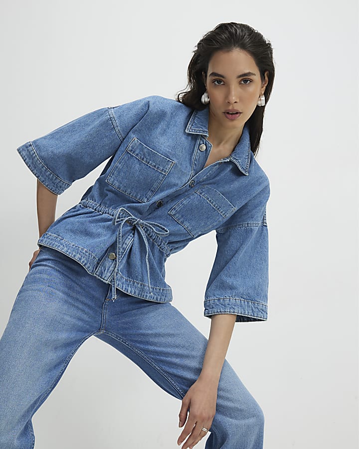 Blue Denim Tie Front Top