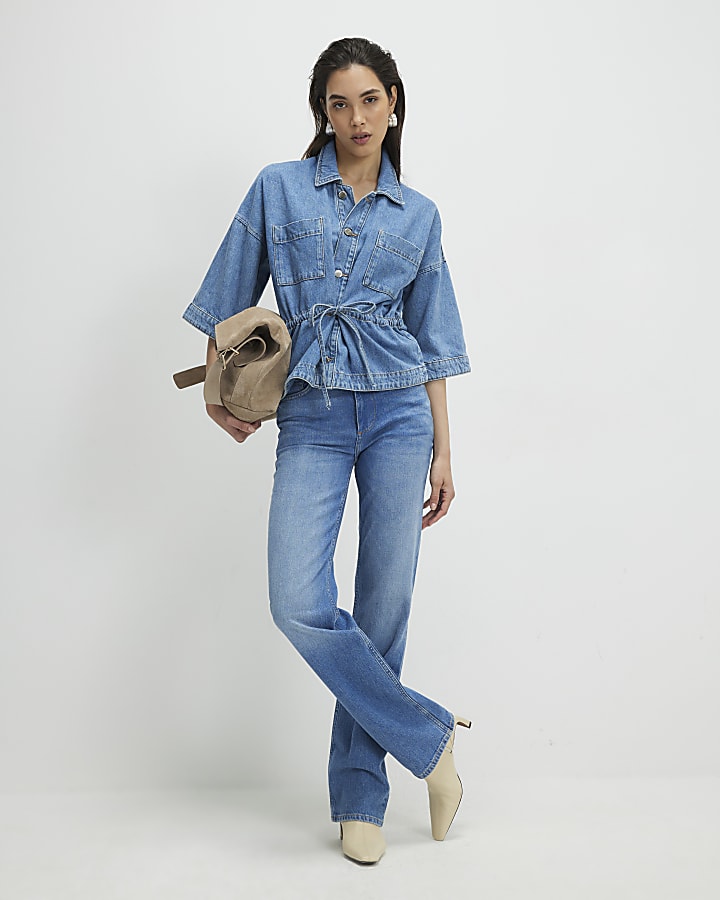 Blue Denim Tie Front Top