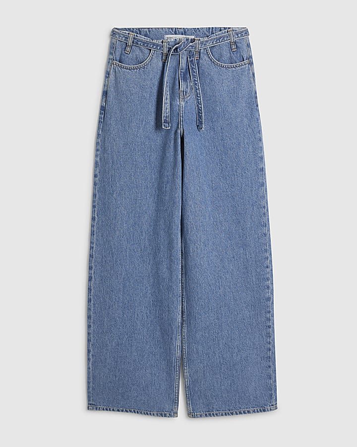Blue Wide Leg Tie Front Jeans