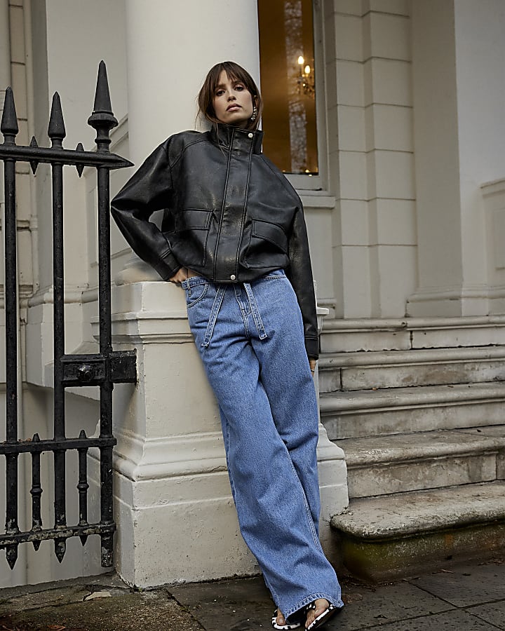 Blue Wide Leg Tie Front Jeans