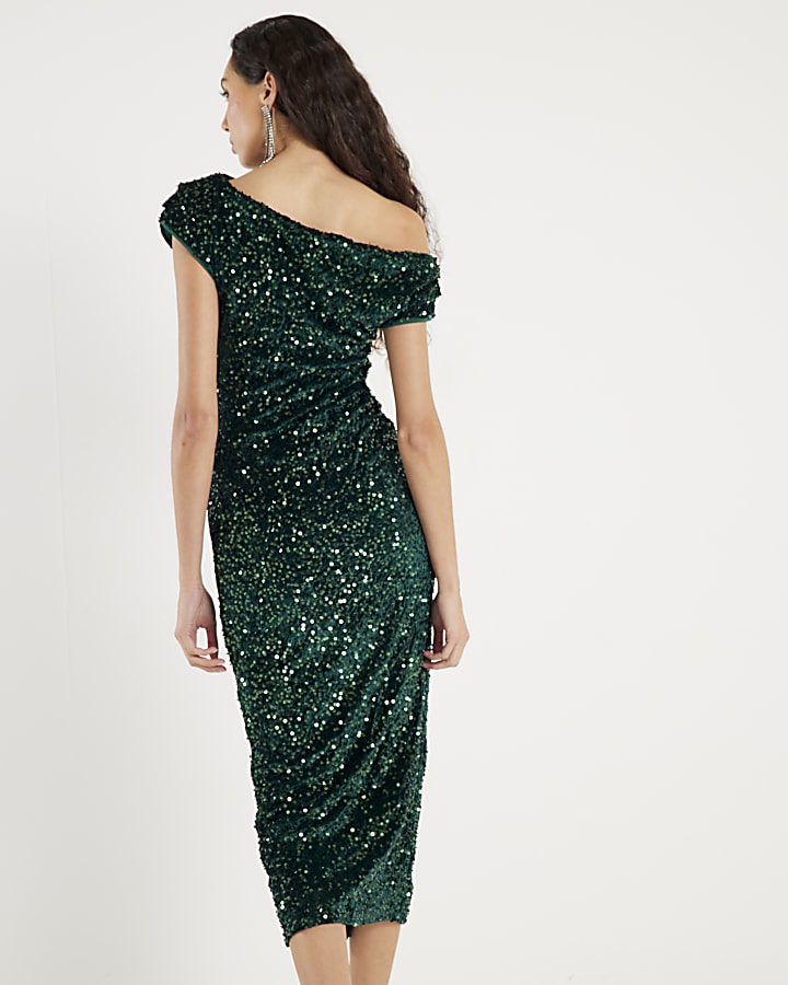Green Short Sleeve Velvet Sequin Midi dress