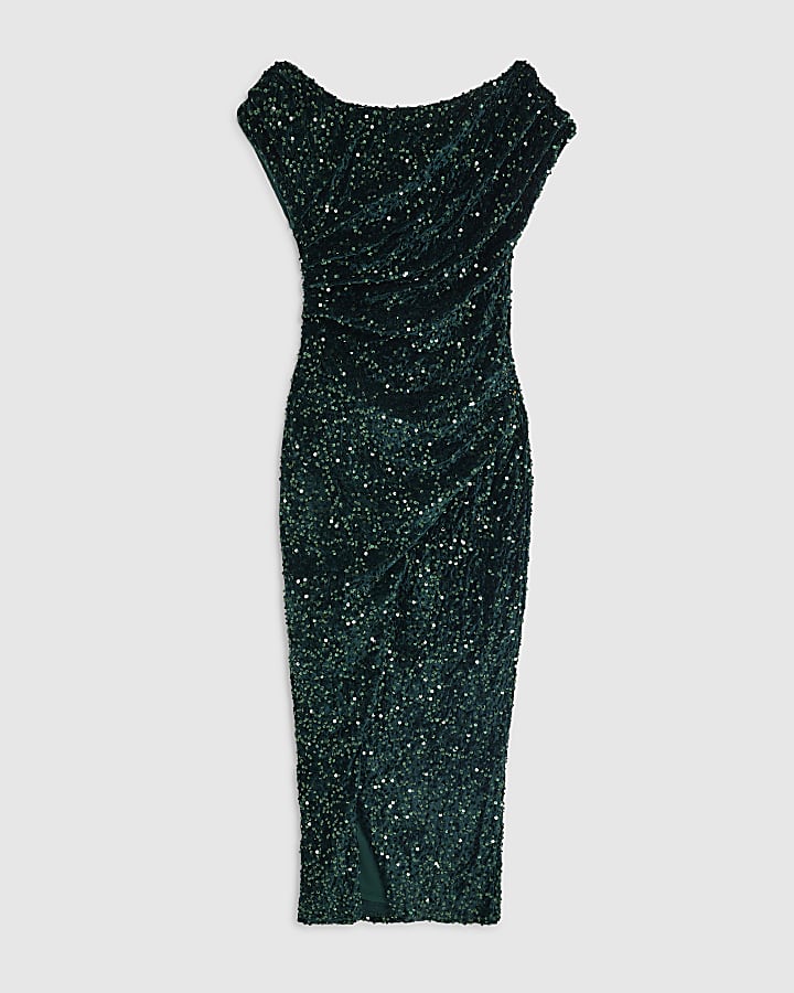 Green Short Sleeve Velvet Sequin Midi dress