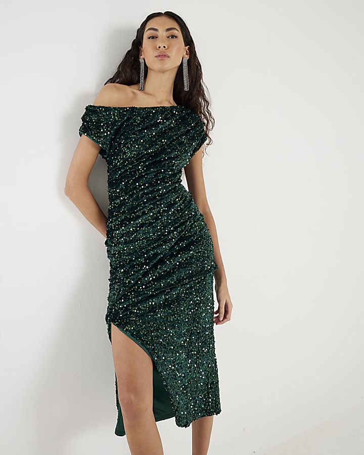 Green Short Sleeve Velvet Sequin Midi dress