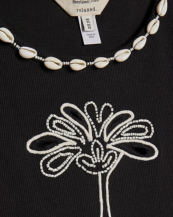 Black Cutwork Palm Tree Ribbed Vest