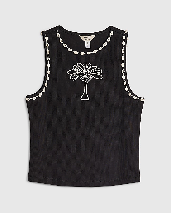 Black Cutwork Palm Tree Ribbed Vest