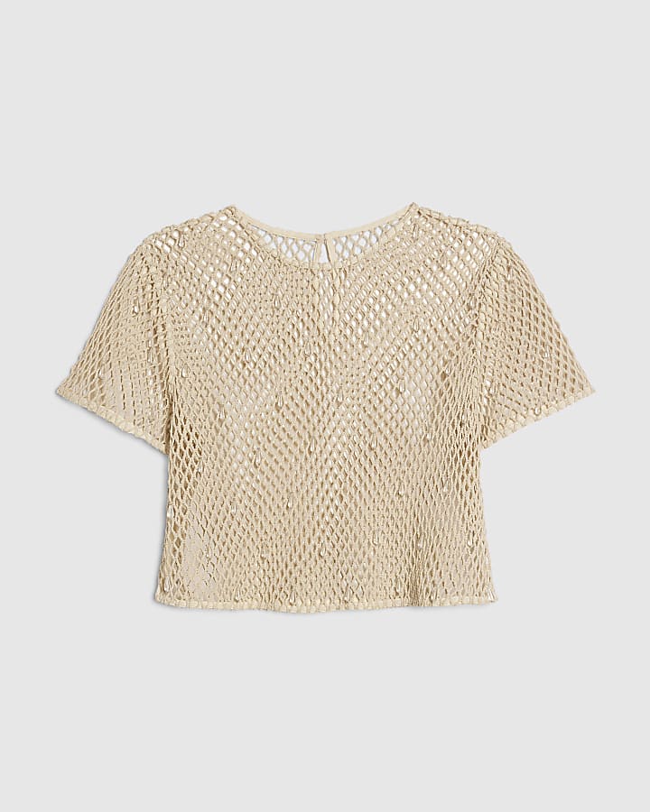 Cream Crochet Short Sleeve Embellished Top