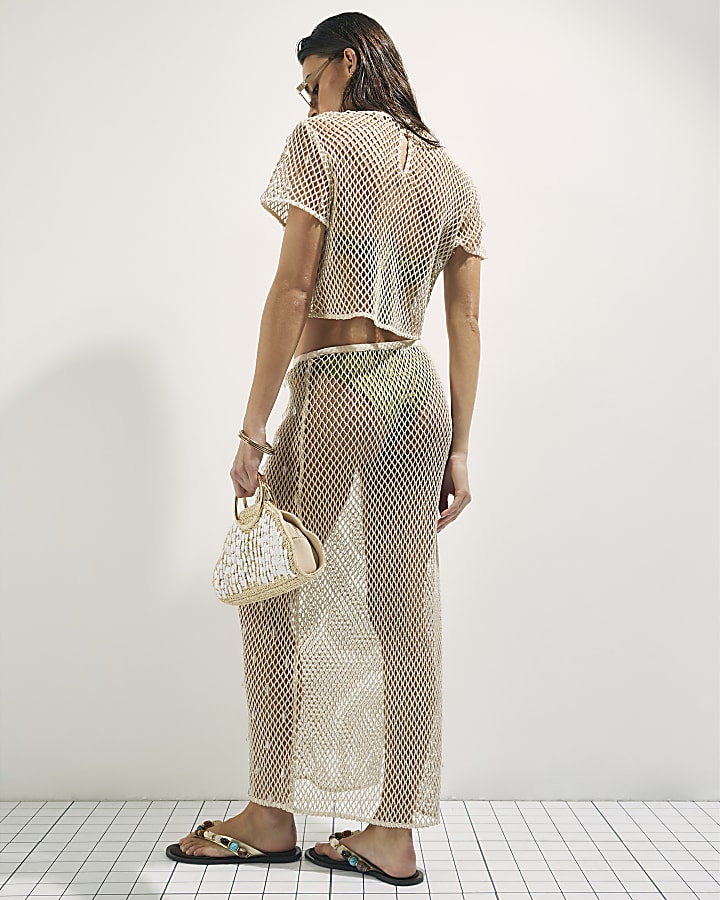 Cream Crochet Embellished Midi Beach Skirt