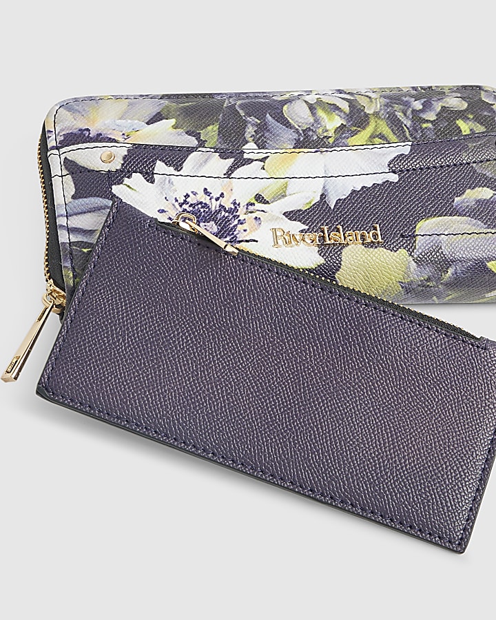 Navy Large Floral Pocket Front Purse