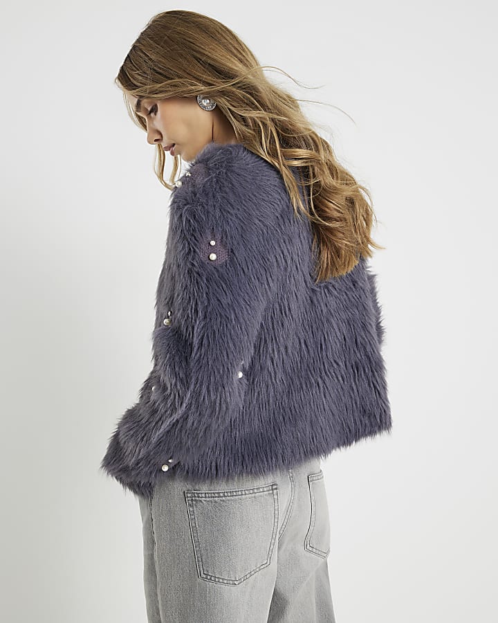 Grey Long Sleeve Faux Fur Cardigan