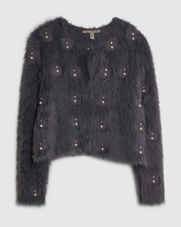 Grey Long Sleeve Faux Fur Cardigan