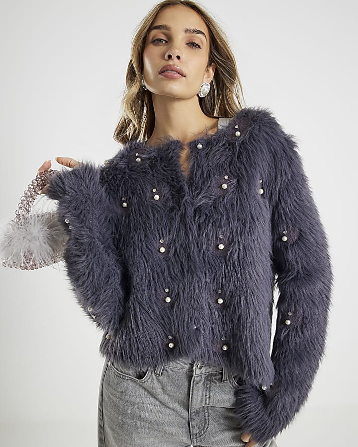 Grey Long Sleeve Faux Fur Cardigan