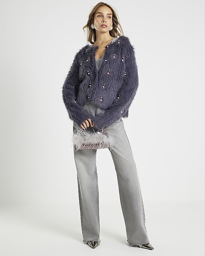 Grey Long Sleeve Faux Fur Cardigan