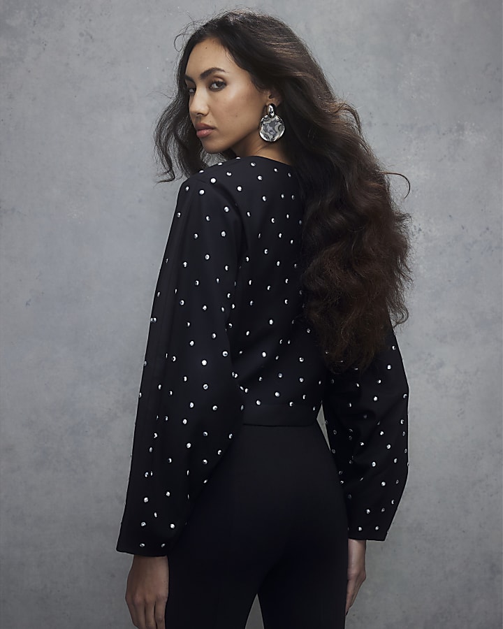 Black Studded Cocoon Sleeve Cropped Jacket
