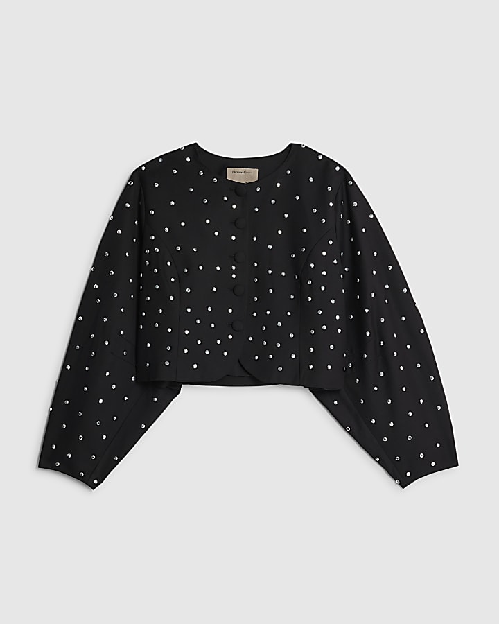 Black Studded Cocoon Sleeve Cropped Jacket