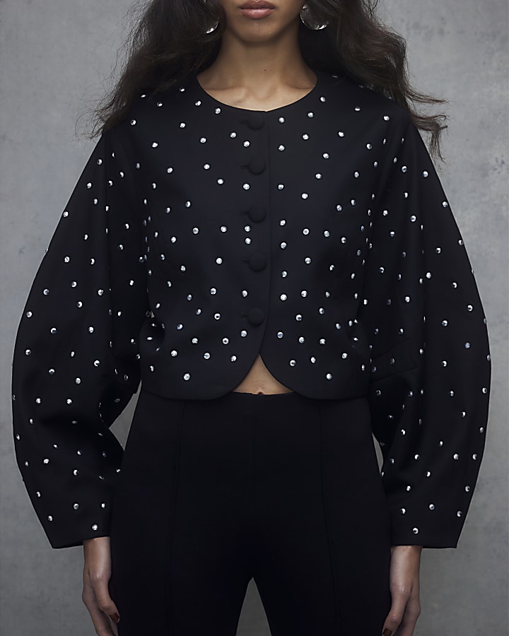 Black Studded Cocoon Sleeve Cropped Jacket