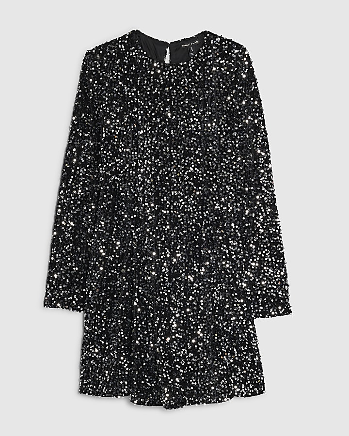 Black Velvet Sequin Long Sleeve Mini Dress