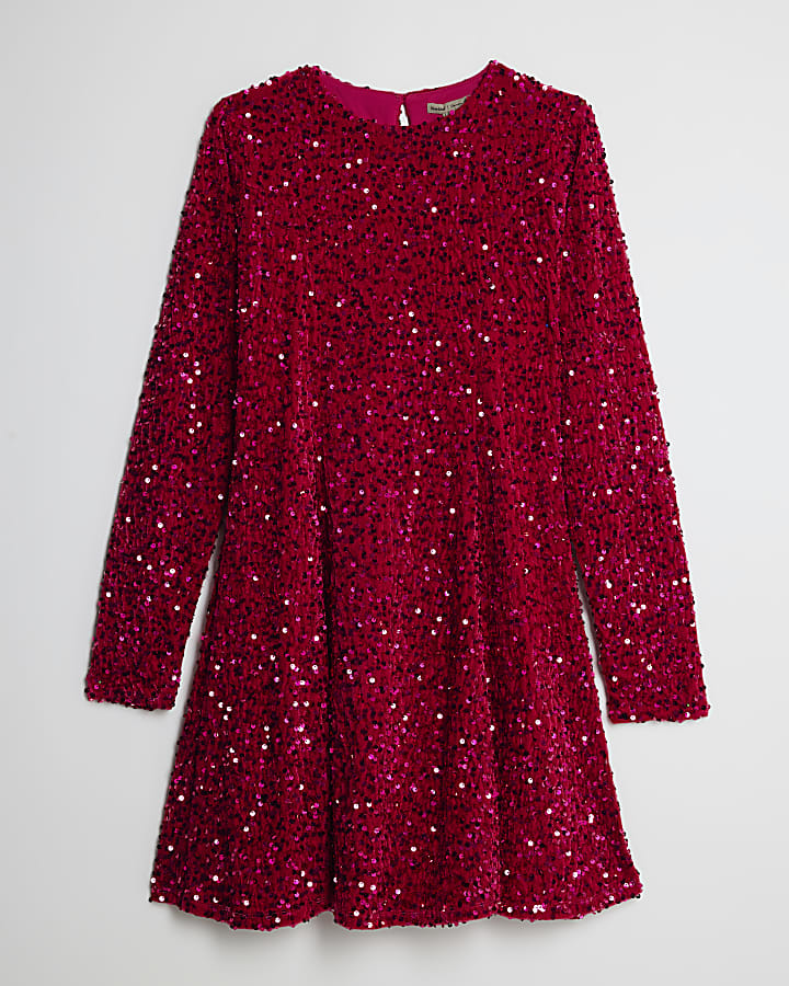 Pink Velvet Sequin Long Sleeve Mini Dress