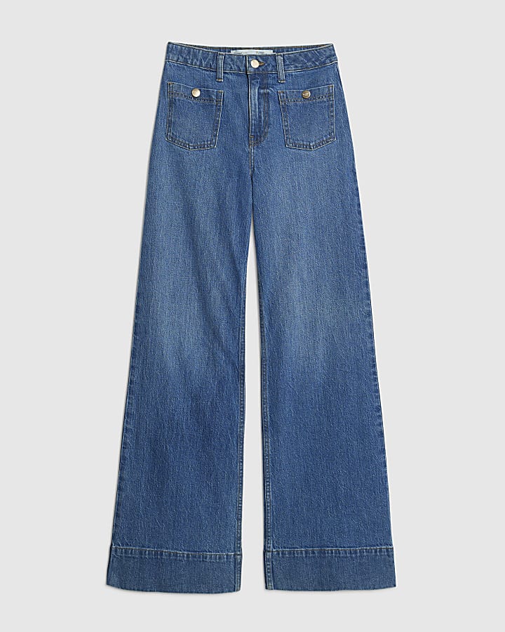 Blue High Rise Front Pocket Palazzo Jeans