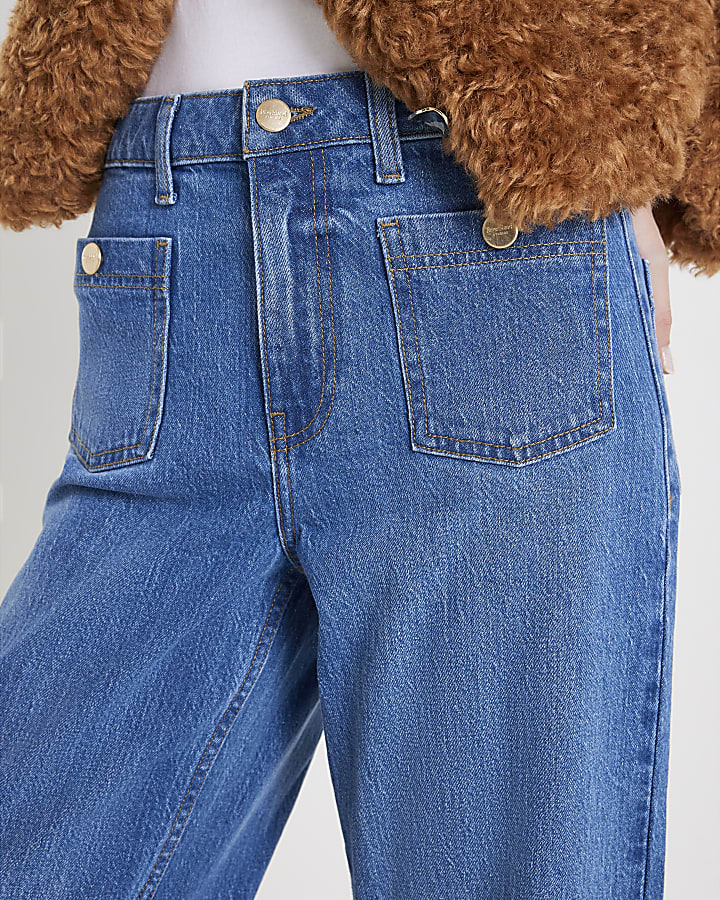 Blue High Rise Front Pocket Palazzo Jeans