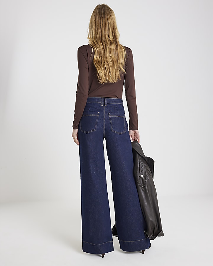 Blue High Rise Front Pocket Palazzo Jeans