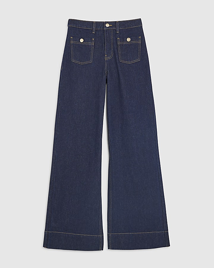 Blue High Rise Front Pocket Palazzo Jeans