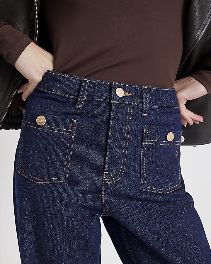 Blue High Rise Front Pocket Palazzo Jeans