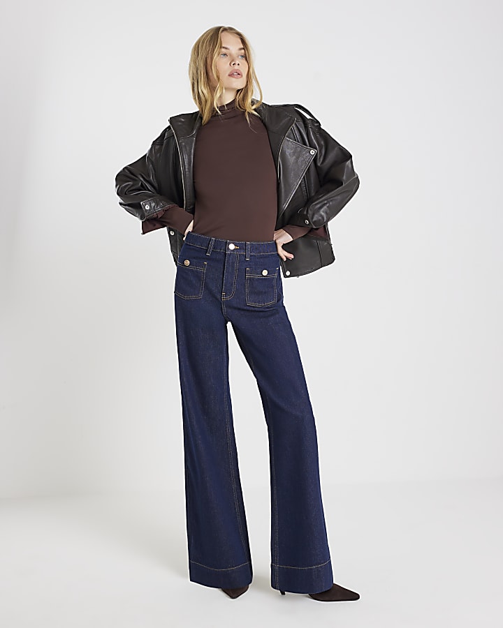 Blue High Rise Front Pocket Palazzo Jeans