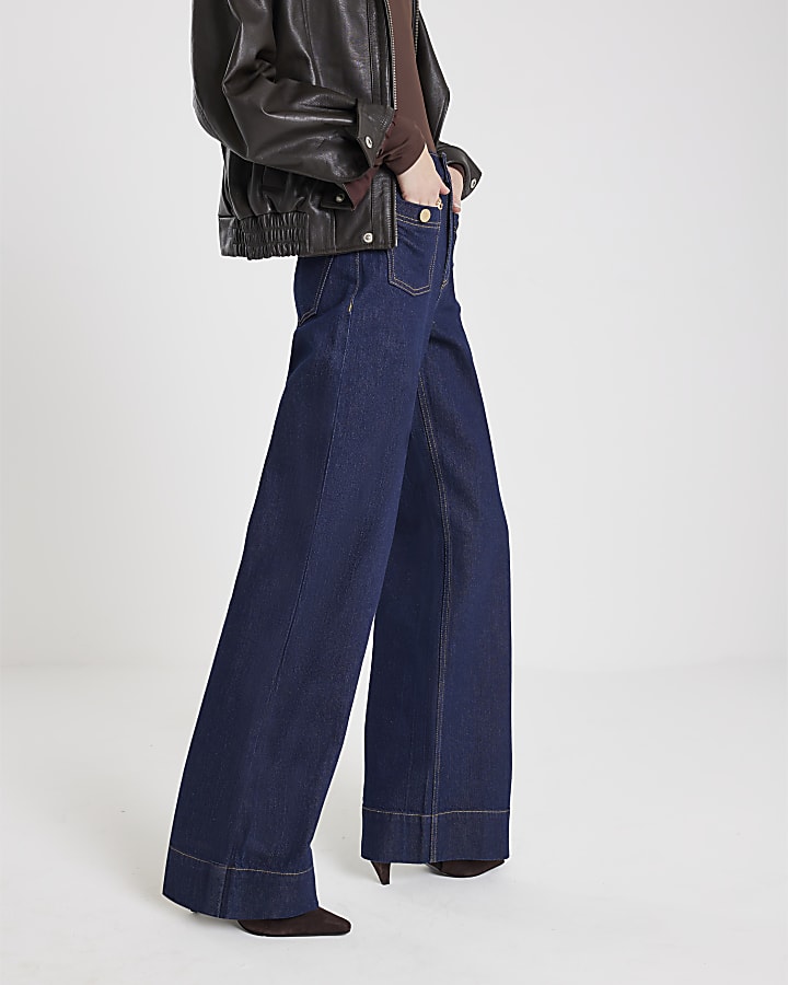 Blue High Rise Front Pocket Palazzo Jeans
