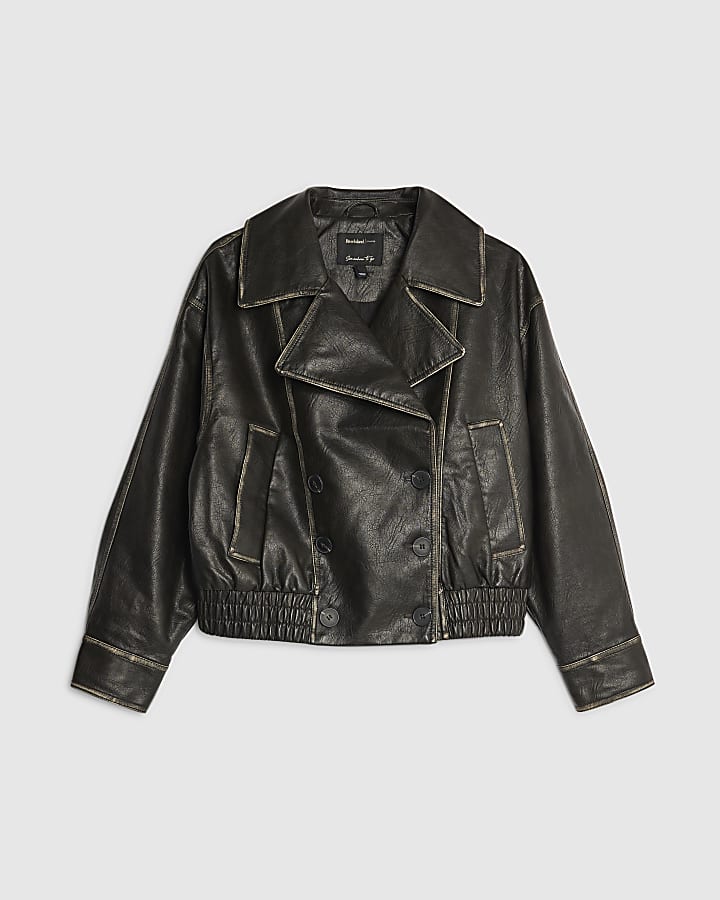 Black Faux Leather Bomber Jacket