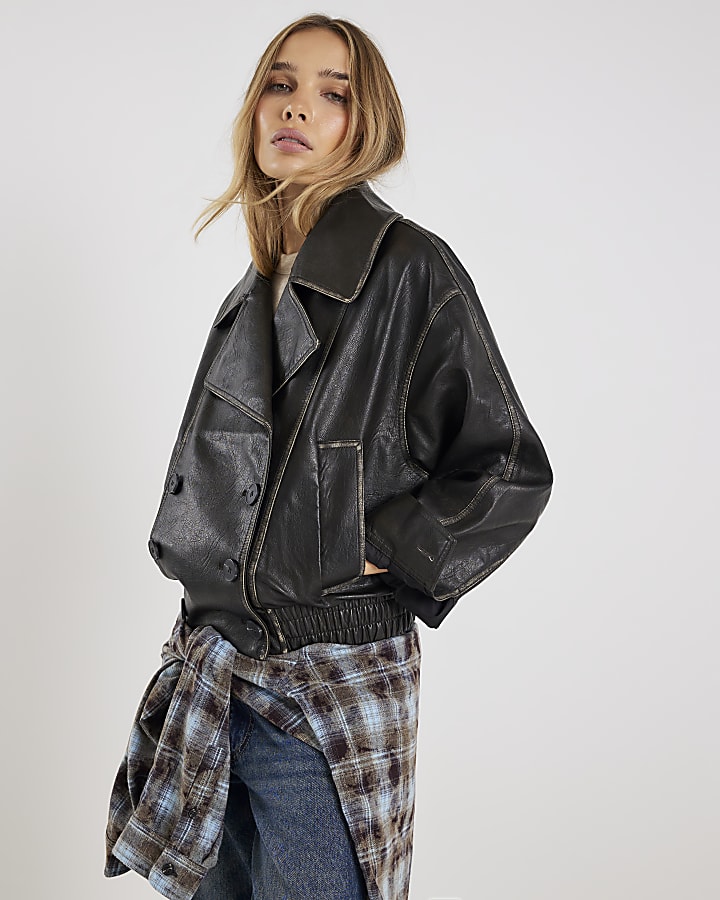 Black Faux Leather Bomber Jacket