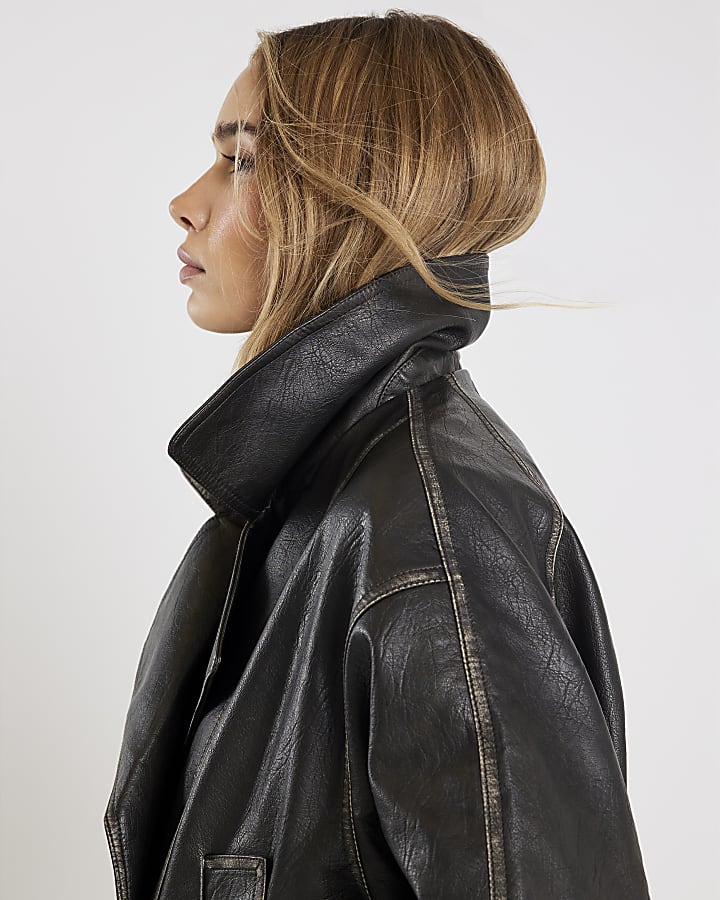 Black Faux Leather Bomber Jacket