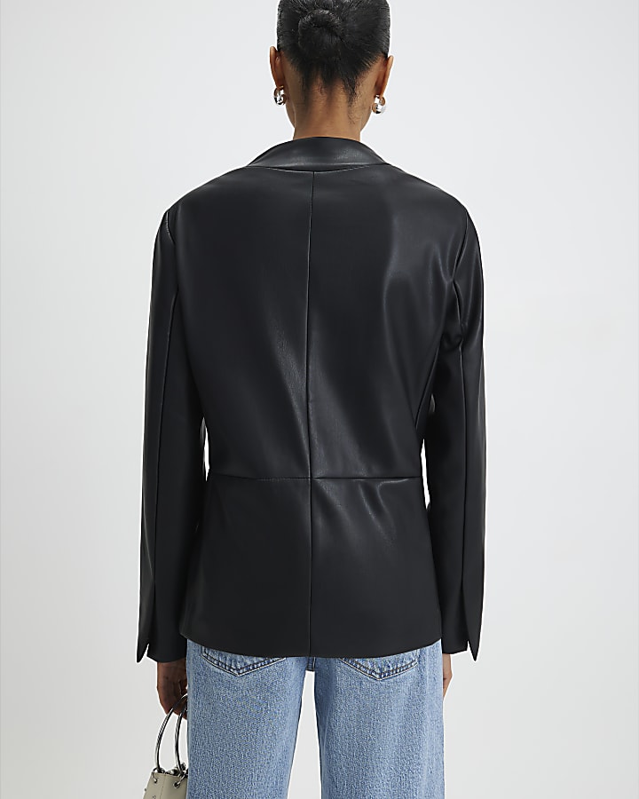 Black Faux Leather Collarless Blazer