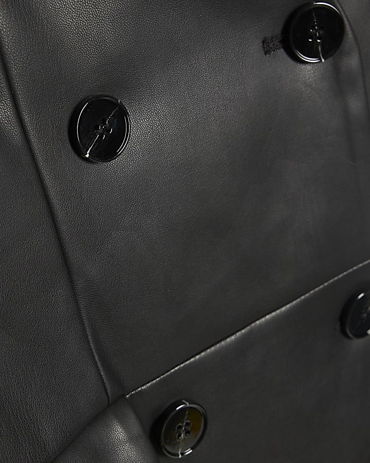 Black Faux Leather Collarless Blazer