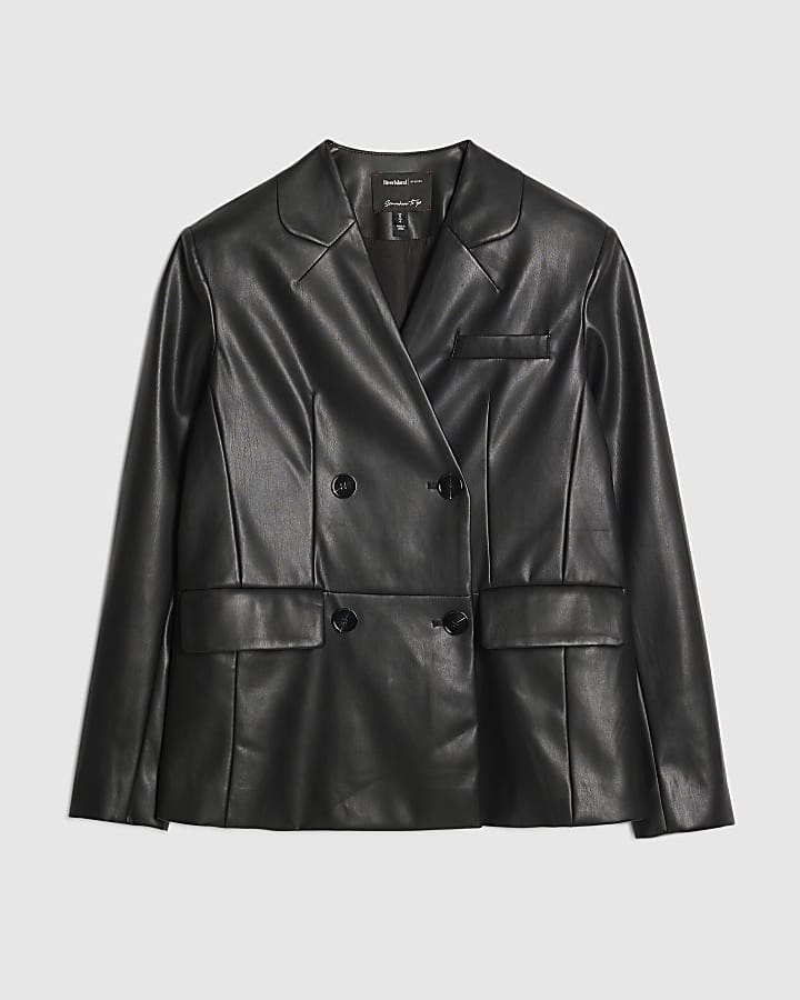 Black Faux Leather Collarless Blazer