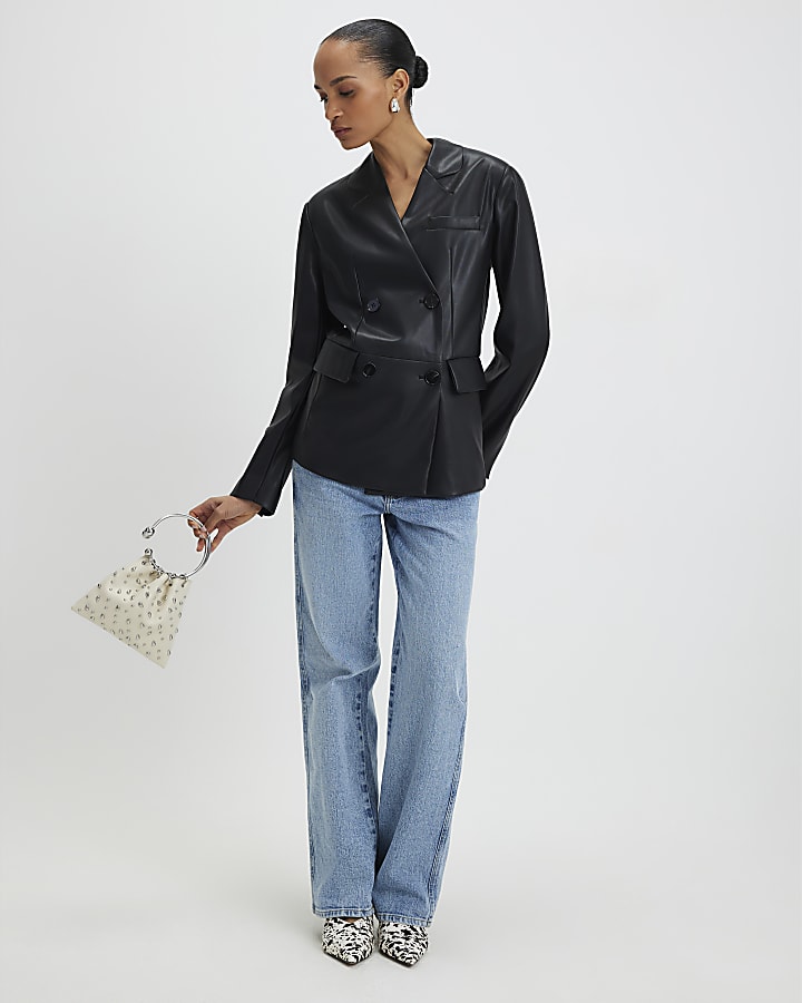 Black Faux Leather Collarless Blazer