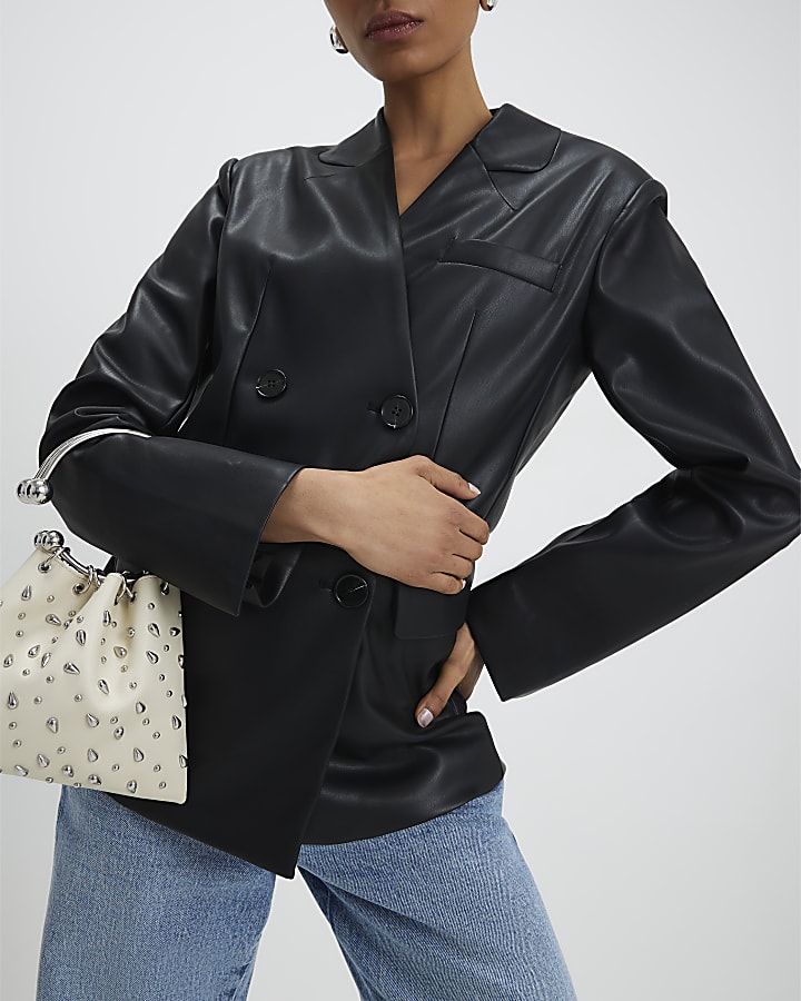 Black Faux Leather Collarless Blazer