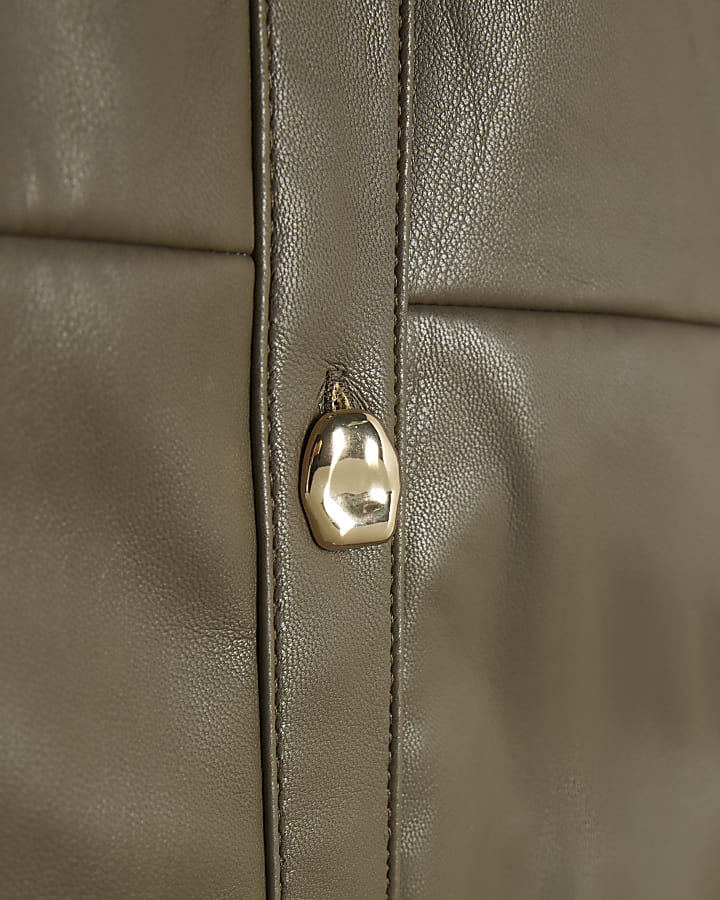 Khaki Faux Leather Midi Shirt Dress