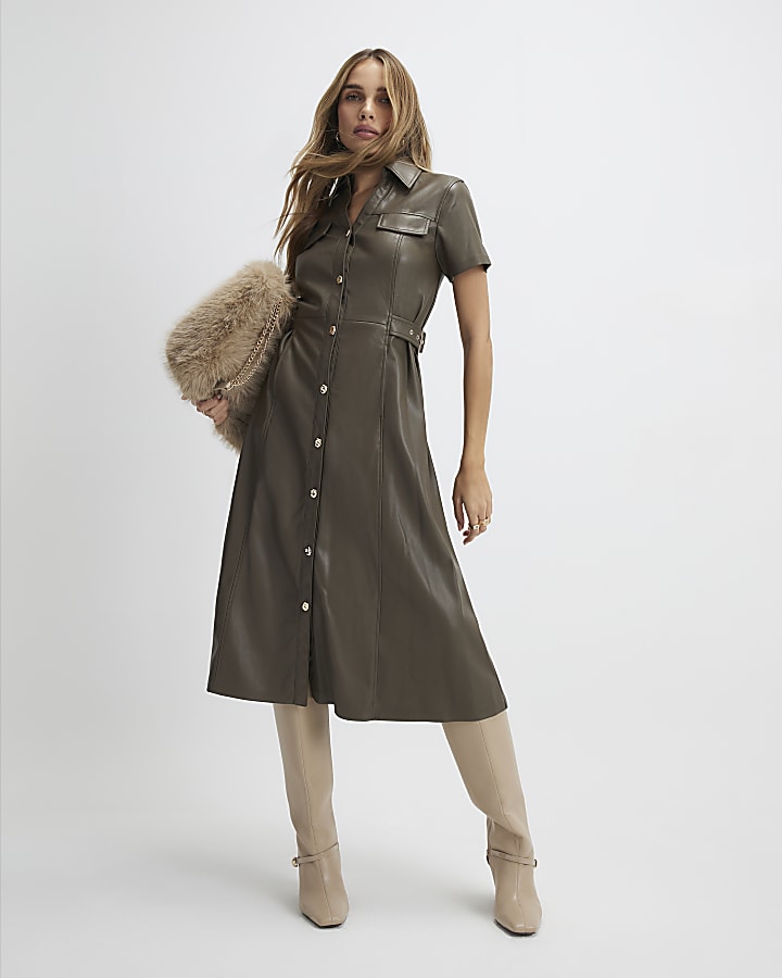 Khaki Faux Leather Midi Shirt Dress