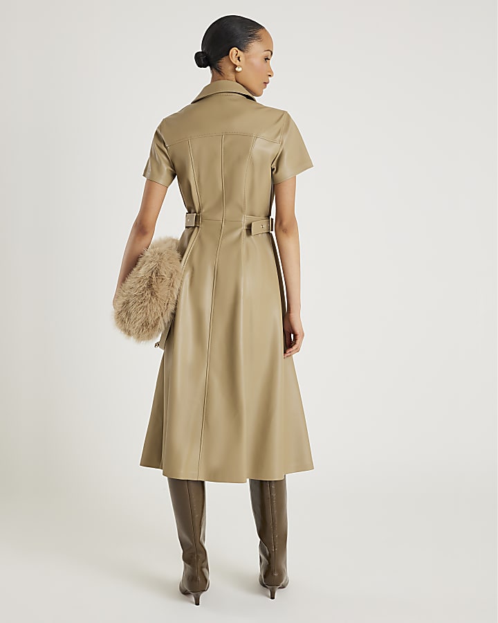 Beige Faux Leather Midi Shirt Dress