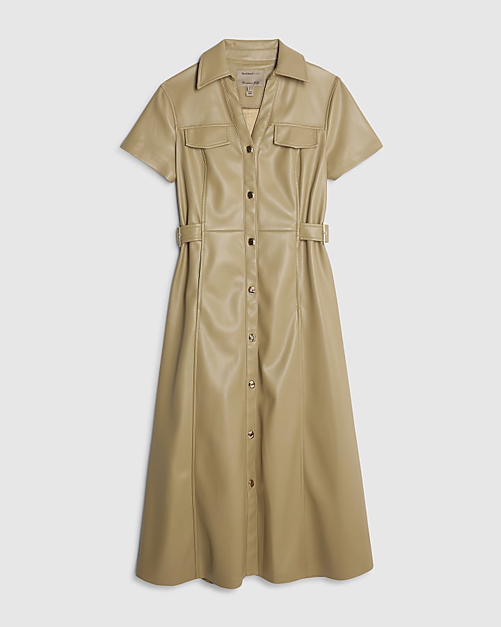 Beige Faux Leather Midi Shirt Dress