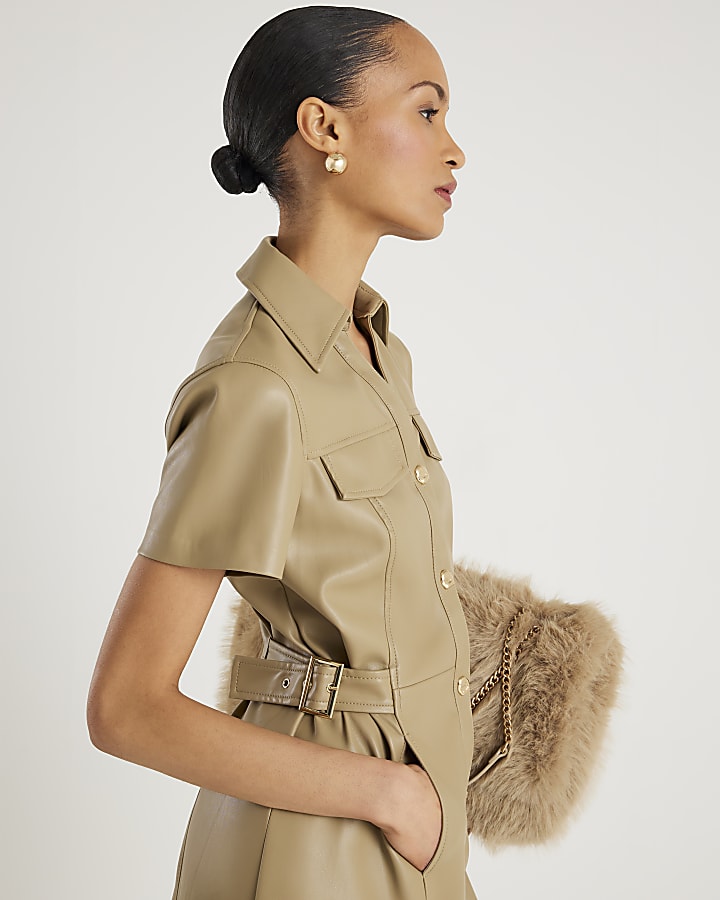 Beige Faux Leather Midi Shirt Dress