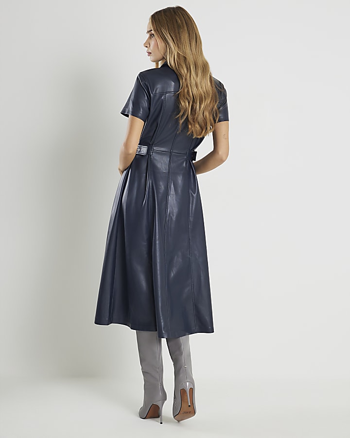Navy Faux Leather Midi Shirt Dress